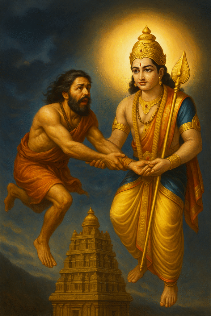 திருவண்ணாமலை கோபுரத்தின் மேல் குதித்த அருணகிரியை தம் கரங்களால் தாங்கிய அருள்மிகு முருகப் பெருமான் — வாழ்க்கையின் தெய்வீக திருப்புமுனை.