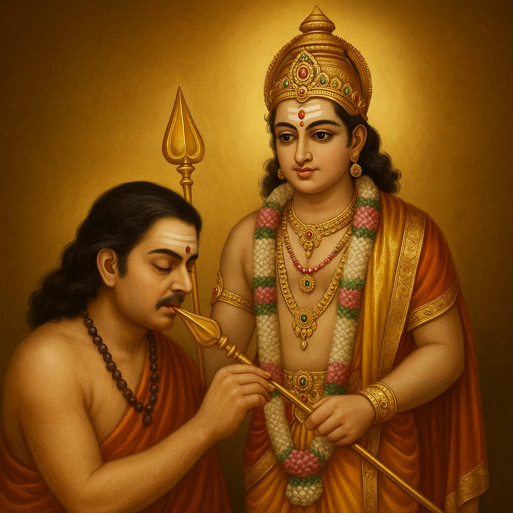 "வேலால் நாவில் 'சரவணபவ' மந்திரம் பொறித்த அருள்மிகு முருகன் — பக்தி ஒளியில் புதிதாய் பிறந்த அருணகிரிநாதர்."